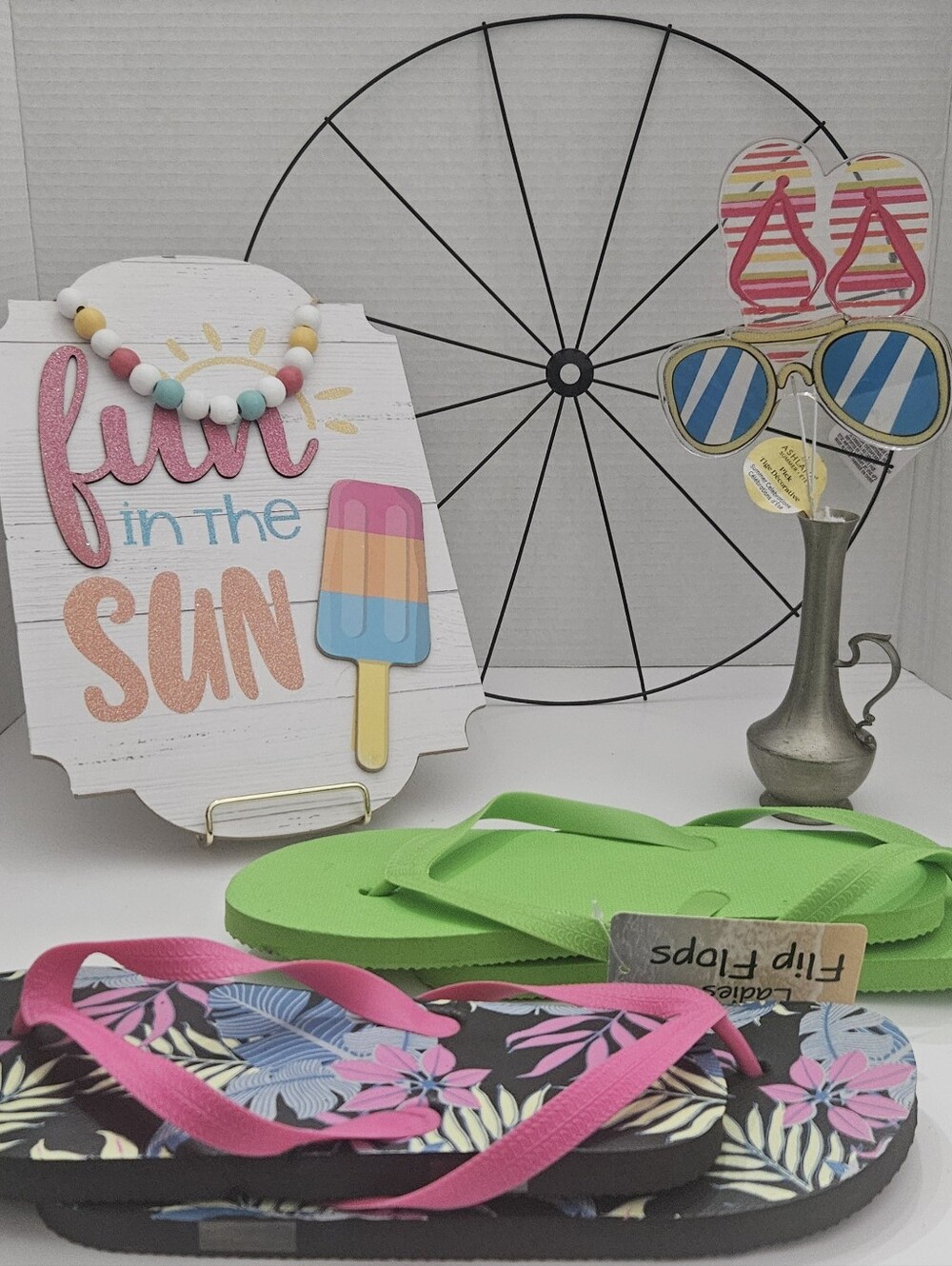 Summer DIY Wreath Craft Supply Lot Bicycle Wheel Frame Flip Flops Sun Sign